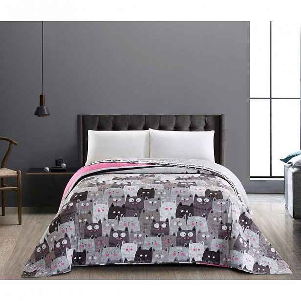 Oboustranný šedý přehoz z mikrovlákna DecoKing Cat Invasion, 260 x 280 cm