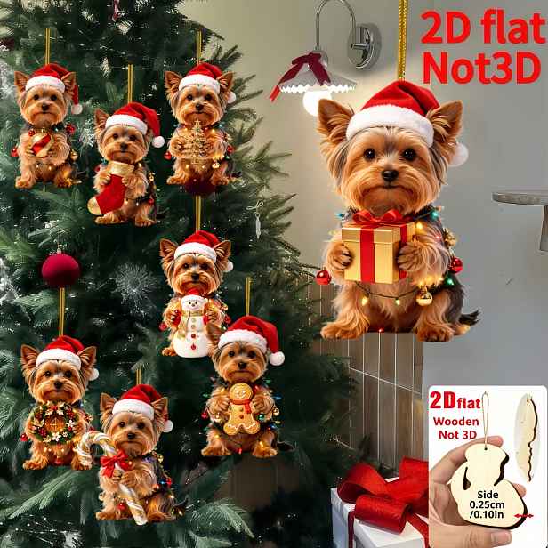 TEMU 2D ploché, 8dílná sada, nové zábavné 2D reliéfní dřevěné domácí dekorace, Vánoce, Den , Den otců, Yorkshire Terrier s vánočním kloboukem,