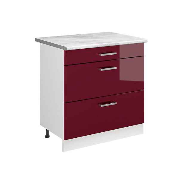 Vicco SPODNÍ SKŘÍŇKA KUCHYŇSKÉ LINKY R-Line, Červená vysoký lesk/Bílá, 80 cm se 3 zásuvkami pracovná doska Mramor