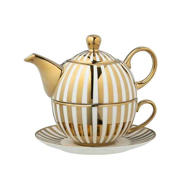 Bílo-zlatý pruhovaný Tea for One v dárkové krabičce - 16*14*13 cm / 420 ml J-Line by Jolipa