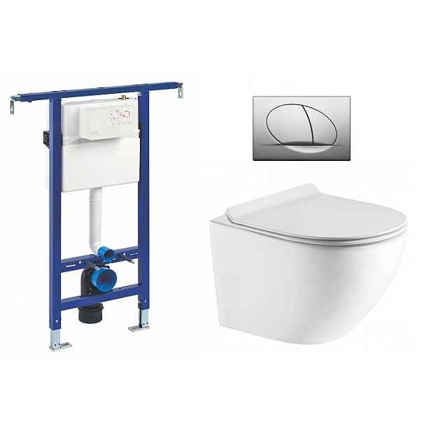 Liv-Fluidmaster Wc set Ring Core podmítková nádrž do bytového jádra; rimless mísa; sedátko a tlačítko matný chrom 195868 - SET(222021; OLKLT046E; 195868)