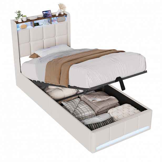 SHOPENTRA ČALOUNĚNÁ postel 90x200cm béžová lněná, 2 zásuvky, LED, USB, úložný prostor