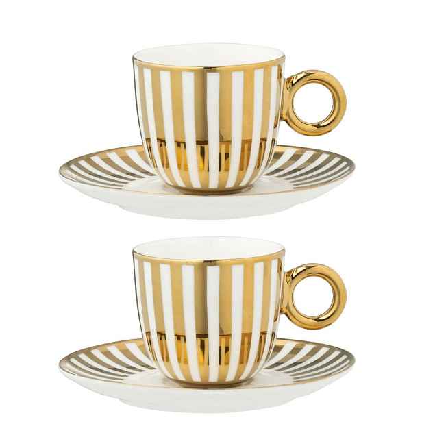2ks bílo-zlatý pruhovaný šálek s podšálkem v krabičce - 15*9*8cm / 230 ml J-Line by Jolipa