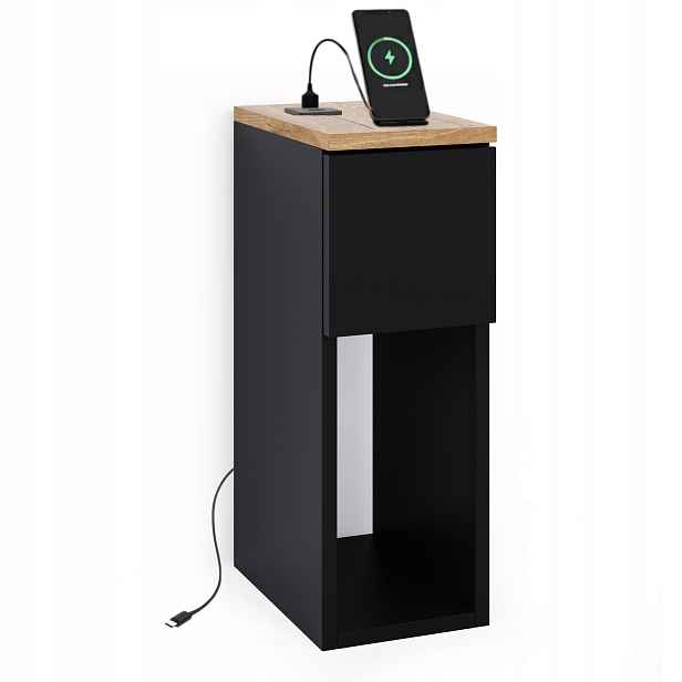 Noční Stolek S Usb/c 5V Portem, Loft Černý 20x30 CM Se Zásuvkou A Poličkou