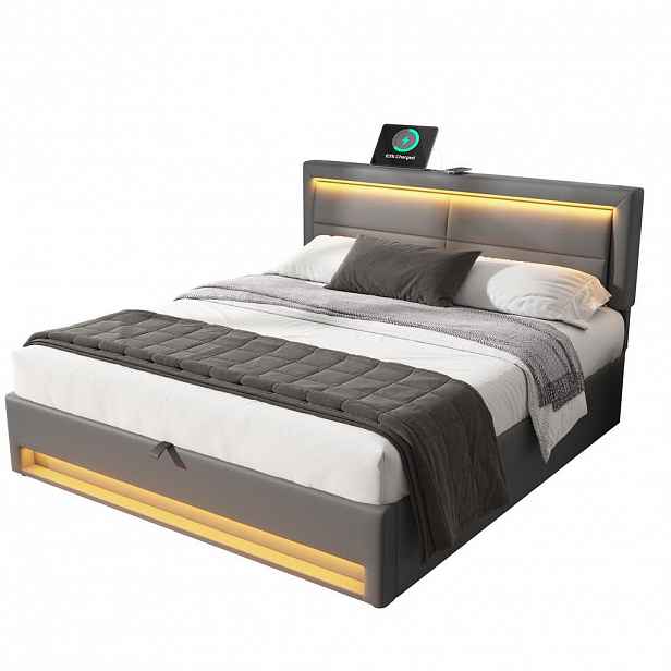 Modfu ČALOUNĚNÁ postel z PU 140x200 cm šedá s LED osvětlením, USB nabíjením a úložným prostorem