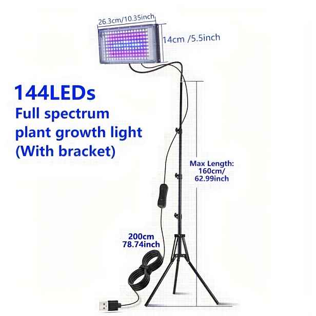 TEMU Zahradní světla pro pěstování pokojových rostlin /96/144 LED, plným spektrem a nastavitelným stativem o výšce 15 až 60 palců. Provoz na nízkém