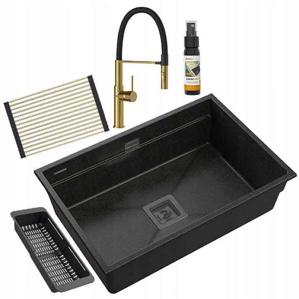Dřez Epir 70 Granitové Závěsné Černé Gold Set Baterie Sifon