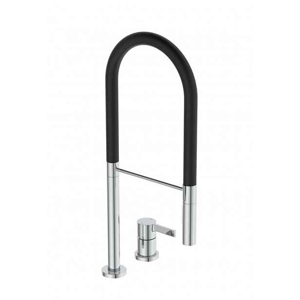 Ideal Standard Gusto - Dřezová baterie s flexibilním ramenem a sprškou, 2-otvorová instalace, chrom/černá BD425AA