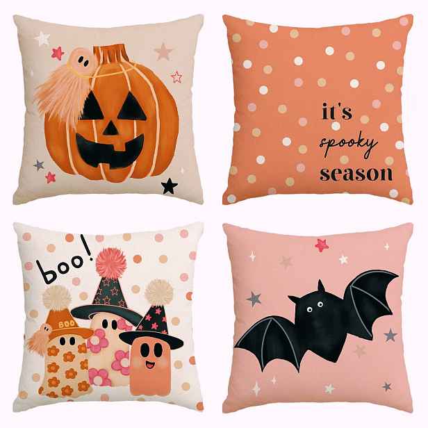 Halloweenské Povlečení 45X45 CM 4 Ks Dýně Netopýři Růžové