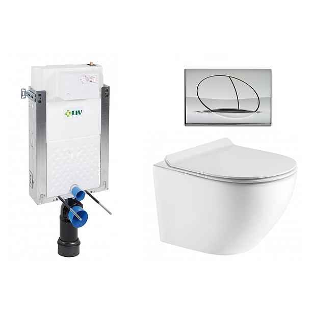 Liv-Fluidmaster Wc set Ring Wall podmítková nádrž do zdiva; rimless mísa; sedátko a tlačítko lesklý chrom 195872  - SET(669931; OLKLT046E; 195872)