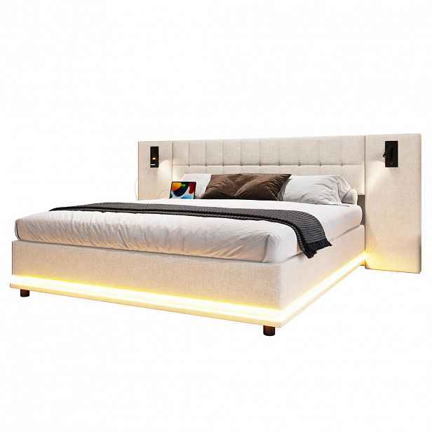 Modfu ČALOUNĚNÁ postel z lnu a MDF 180x200 cm béžová s LED osvětlením, USB a noční lampičkou