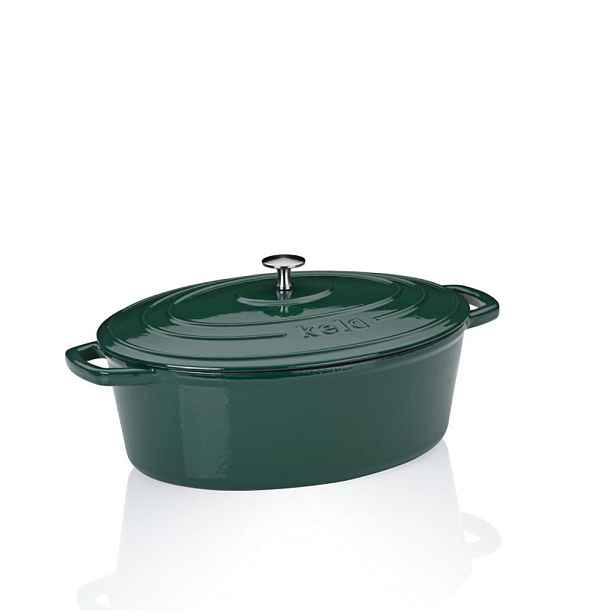 KELA Pekáč litinový s poklicí Calido oválný smaragdově zelená 33x26x12cm 6l KL-12902