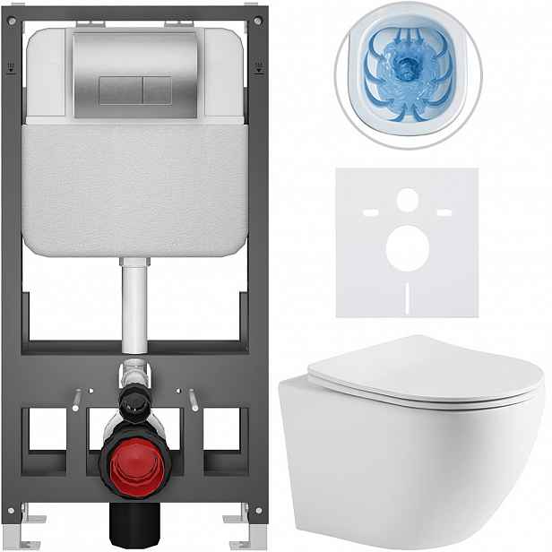 Kompletní WC set Basic/Cesso - bílá matná - WC tlačítko Modulo/Stříbrná - volně stojící - předstěnová instalace - 49x36 cm - 8050BD86282