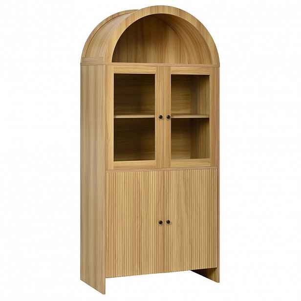 Modfu VITRÍNA z dřevotřísky 78x40x176 cm přírodní se skleněnými dvířky, uzavřeným úložným prostorem a klenutým designem