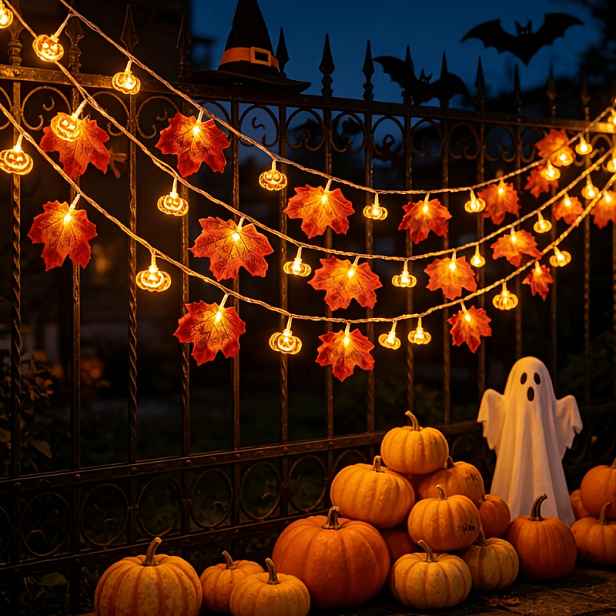 TEMU 1ks 59palcové/118palcové LED řetězové světla ve tvaru javorového listu a dýně, vhodné pro vnitřní/venkovní Halloween, Den díkůvzdání, podzimní