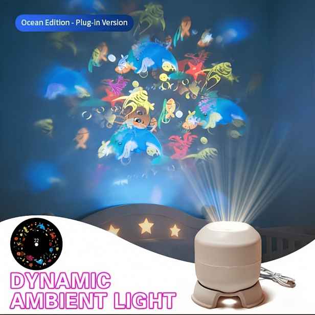TEMU LED Dynamická Otočná Projekční Lampa s Mořskou Tematikou, USB Napájená Projekční Noční Lampa, Otočná Stupňů, Projektor Mořských Živočichů, Noční