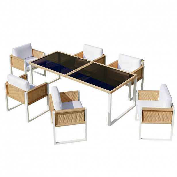 Modfu ZAHRADNÍ jídelní set z PE ratanu 170x80x75 cm hnědá/bílá se 6 židlemi, odnímatelnými potahy a nastavitelnými nožkami