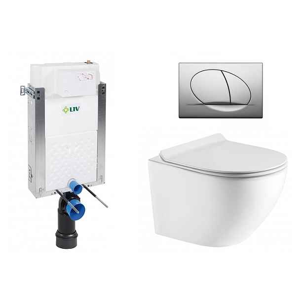 Liv-Fluidmaster Wc set Ring Wall podmítková nádrž do zdiva; rimless mísa; sedátko a tlačítko matný chrom 195868 - SET(669931; OLKLT046E; 195868)