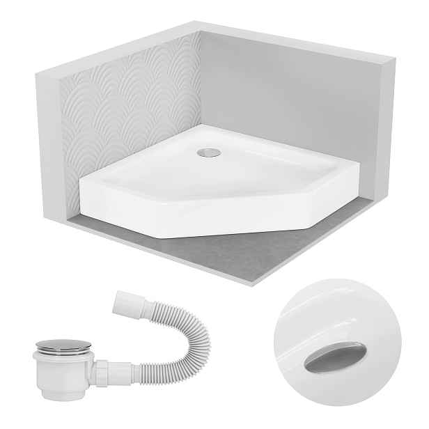Pětiúhelníková sprchová vanička 80 x 80 cm Comfort bílá vysoká 14 cm sifon