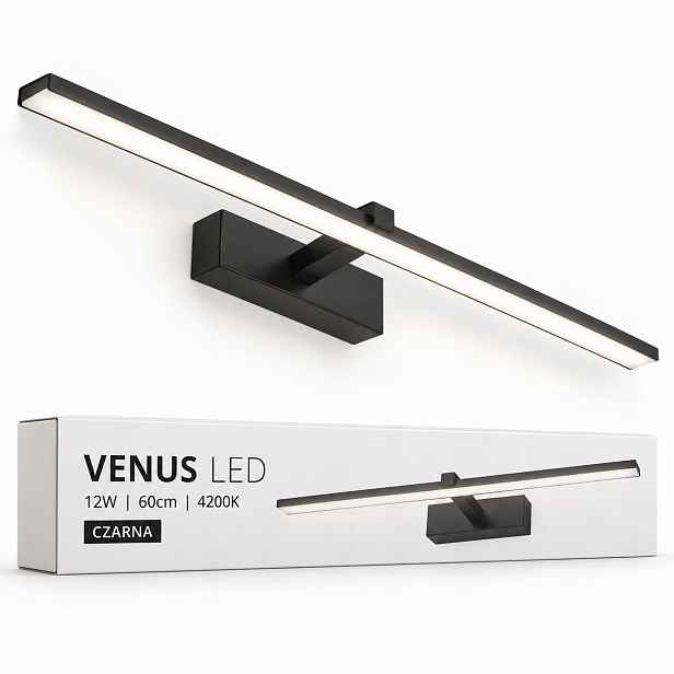 Led osvětlení zrcadla Venus 12W 60 cm, černá nástěnná lampa 4200K IP44 840lm