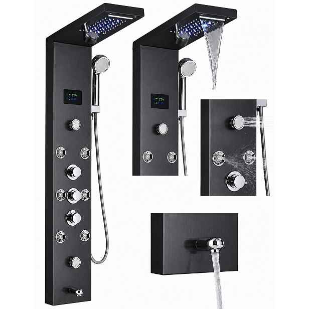 Led Sprchový Panel Sprchový vodopád Hydromasáž Displej Černý