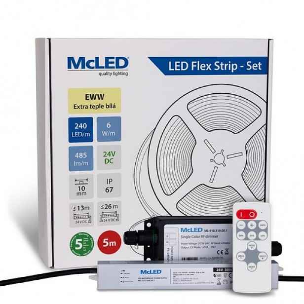 McLED LED pásek - sada 5 m + Přijímač Nano IP67, 240 LED/m, EWW, 6 W/m, DC 24V, 485 lm/m, CRI90, IP67, 10 mm, vodič 3 m ML-126.035.90.S05002