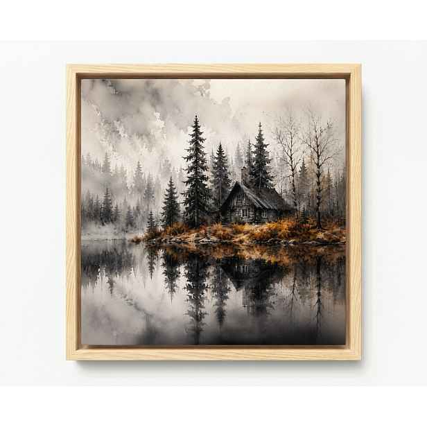 Obraz Rám Americký Box Les Stromy Jezero Chata Mlha Podzim Šedá 60x60