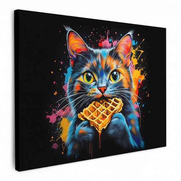MuchoWow OBRAZ NA PLÁTNĚ Kočka - Graffiti - Barevné - Vafle - Jídlo 40x30 cm