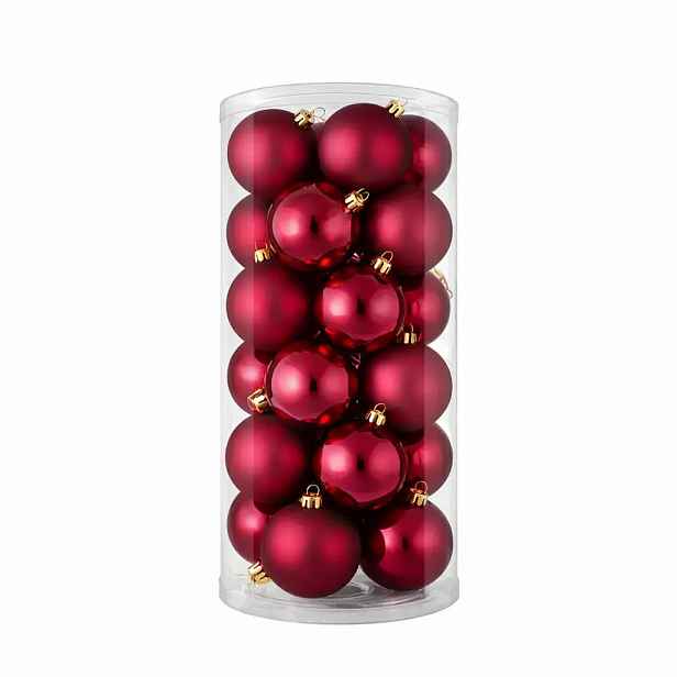 Sada vánočních ozdob vínová 8 cm plastové koule, 12× mat, 12× lesk, sada 24 baněk