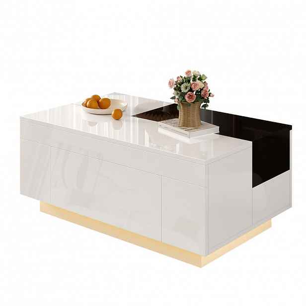 OKWISH KONFERENČNÍ stolek 80/50/35,5 cm černobílý z MDF s LED osvětlením a výsuvnou deskou