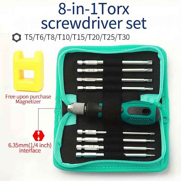 TEMU Sada 8 v 1 kombinovaných šroubováků Torx, vyměnitelné bity, materiál z oceli S2 s vysokou tvrdostí, magnetická sada šroubováků, běžně používaná
