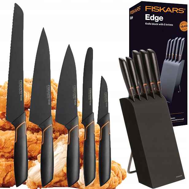 Fiskars Sada 5 Nožů V Bloku Edge Kuchyňská Sada Premium, Ostré, Černé