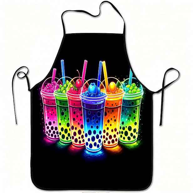 TEMU 1 ks Barevná zástěra s potiskem Bubble Tea | Odolný polyester, nastavitelný pas, ideální pro vaření v kuchyni, zahradničení, sběr v sadu, Vánoce
