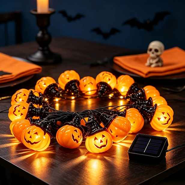 TEMU Solární dýňová řetězová světla 5m 20 LED Černý čarodějnický klobouk 8 režimů Halloween dekorace do interiéru, exteriéru a zahrady