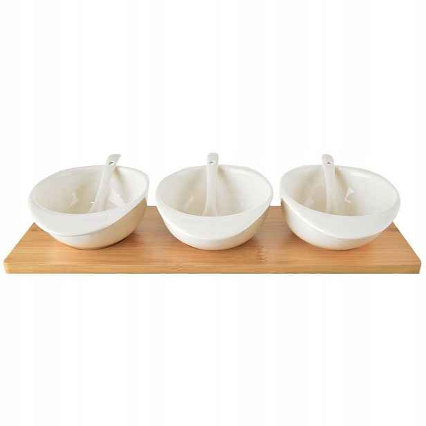 Misky Na Občerstvení Z Porcelánu, Bílé, S Lžičkami, Podnos Z Bambusu, 32 CM