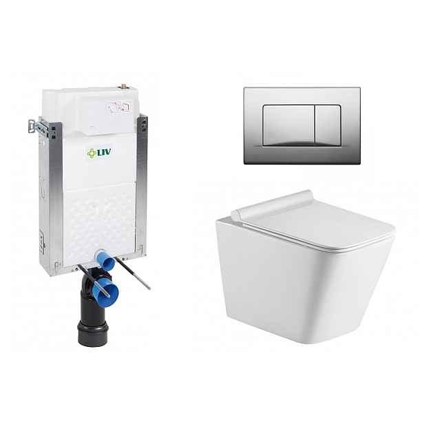 Liv-Fluidmaster Wc set Square Wall podmítková nádrž do zdiva; rimless mísa; sedátko a tlačítko matný chrom 195866 - SET(669931; OLKLT052E; 195866)
