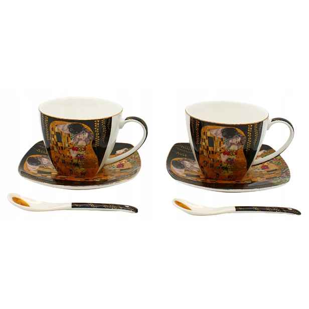 Home Elements Sada dvou šálků 250 ml s podšálky a lžičkami, Klimt, Polibek