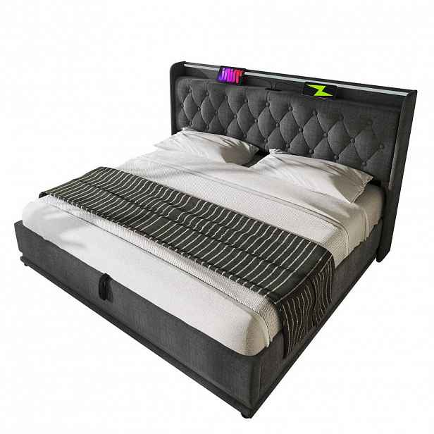 Modfu ČALOUNĚNÁ postel z lnu 160x200 cm šedá s LED osvětlením, USB a úložným prostorem