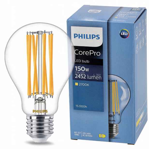 10 x Led žárovka E27 Filament 17W 150W 2452lm 2700K Teplá Philips CorePro