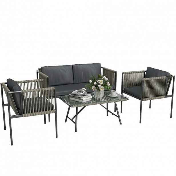 Modfu BALKONOVÝ nábytkový set z ratanu 116x65x68 cm šedý se 2 křesly, dvoumístnou pohovkou, stolkem a odnímatelnými polštáři