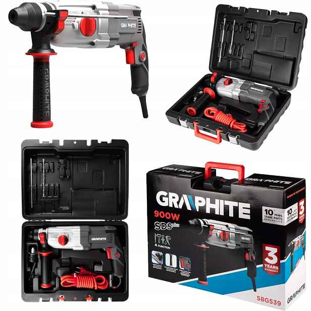 Graphite Vrtačka Sds+ 900W, kufr s příklepem, 4 funkce příklepová vrtačka