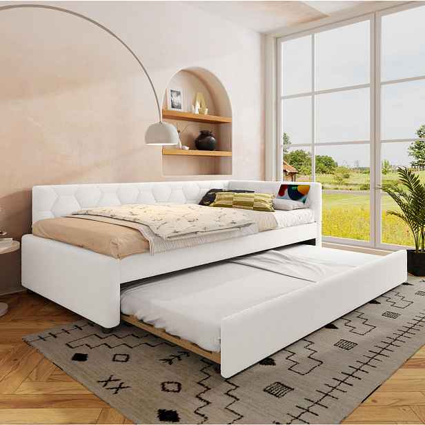 Modfu DĚTSKÁ postel z bouclé 90x200 cm bílá s výsuvným lůžkem, USB, typem C a noční lampičkou
