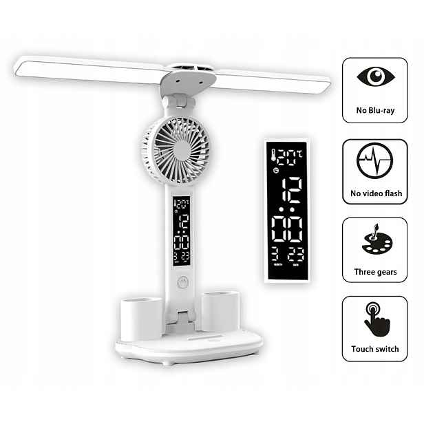Led Stolní Lampička 2-RAMENA 3 Barvy Organizér Teploměr Hodiny Ventilátor