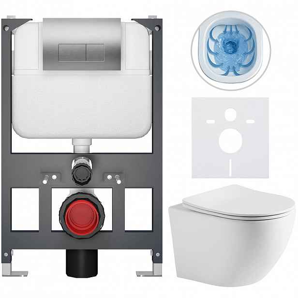 Kompletní WC set Basic/Cesso - bílá matná - WC tlačítko Modulo/Stříbrná - závěsné - nízký modul - předstěnová instalace - 49x36 cm - 8050BD86284