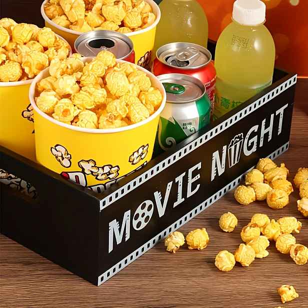 TEMU Úložný košík 1 ks Dřevěný na filmový večer s úchytem - Obdélníková úložná krabice, Nevodotěsná, Ideální pro domácí filmové večery, Potřeby na