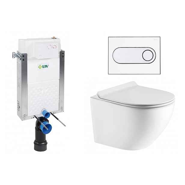 Liv-Fluidmaster Wc set Ring Wall podmítková nádrž do zdiva; rimless mísa; sedátko a bílé/chrom tlačítko 223125 - SET(669931;  OLKLT046E; 223125)