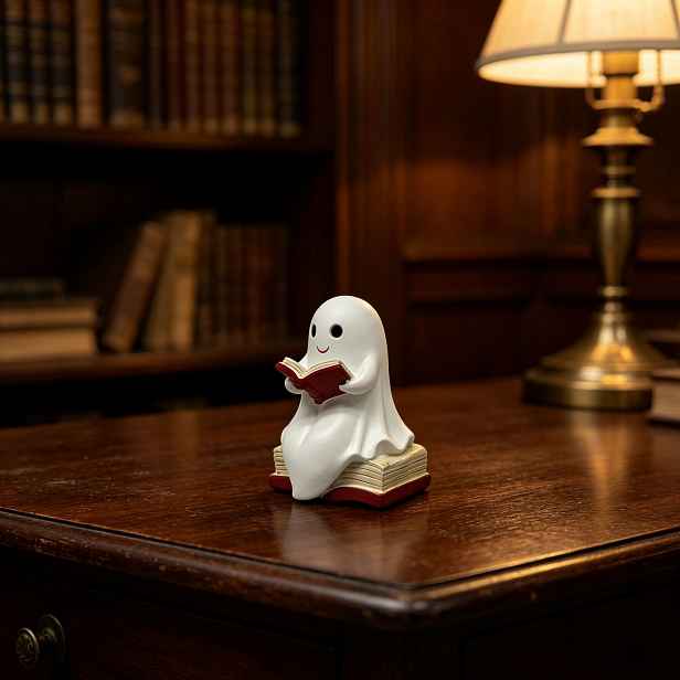 TEMU Roztomilá pryskyřicová figurka čtenáře ducha, ducha se základnou ve tvaru knihy, měkká roztomilá halloweenská dekorace na stůl, ozdoba na noční