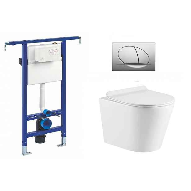 Liv-Fluidmaster Wc set Ring II Core podmítková nádrž do bytového jádra; rimless mísa; sedátko a tlačítko matný chrom 195868 - SET(222021; OLKLT053ER; 195868)