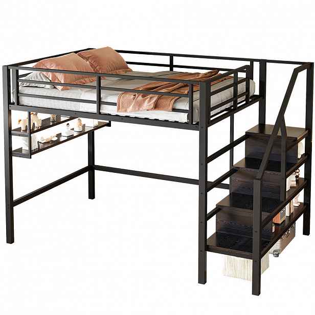 Modfu VYVÝŠENÁ dětská postel z kovu a MDF 140x200 cm černá s policemi, úložným žebříkem a prostorem pod lůžkem