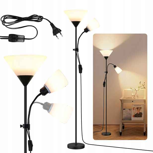 Stojací lampa pro čtení, dvojitá, 2xE27, nastavitelná, černá
